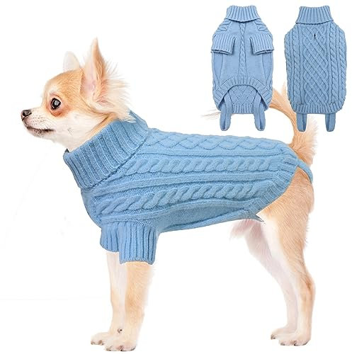 LiebeDD Hundepullover - Kuschelig Hundepulli Kleine Hunde, Rollkragen Strick Pullover Hund mit Beinschlaufe und Geschirrloch, Kleidung für Chihuahua Katzen, Warm Dog Sweater (Himmel Blau XS)