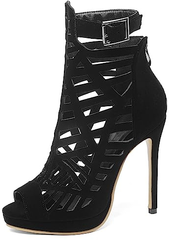Bviennic Femmes Peep Toe Aiguille Strappy Gladiateur Bottillons Elegant Dentellets Eté Creux Bridal Fête Plateforme Chaussures Noir Taille 38 EU-39Cn