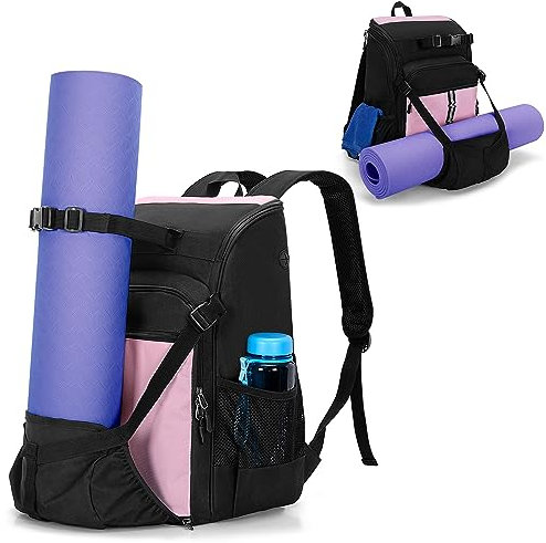 GOBUROS Yogamatten-Tasche mit Mattenhalter, Yogamatten-Tragerucksack mit Ladeanschluss und gepolsterten Schultergurten (Rosa)