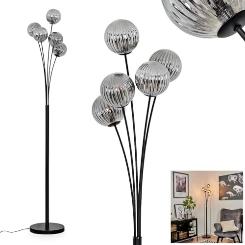 Stehleuchte Bernado, dimmbare Stehlampe aus Metall/Glas in Schwarz/Rauchfarben/Riffelglas, Standleuchte m. Glaskugeln (Ø 12cm), Höhe 174,5cm, stufenlos dimmbar m. Fußschalter, 5x G9, ohne Leuchtmittel