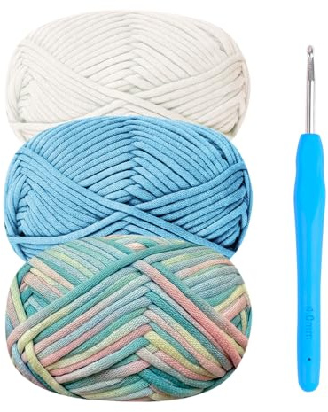 Tjockt garn för virkning, bomullsgarn tjock ull för virkning 3 x 50 g virkat garn för nybörjare amigurumi-garn med 4 mm virkade krokar, lätt virkat startkit (blå)