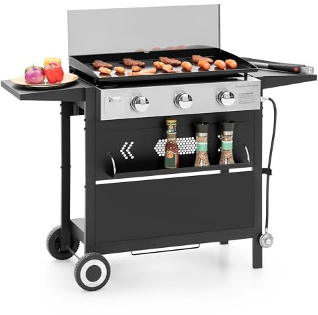 Captiva Designs 27 in Flat Top Griddle Grill with Ceramic Coated Cast Iron Pan, 3-Burner Propane Gas Griddle Grill, 33,000 BTU Output Flattop Grills for Outdoor Barbecue, Cooking and Party