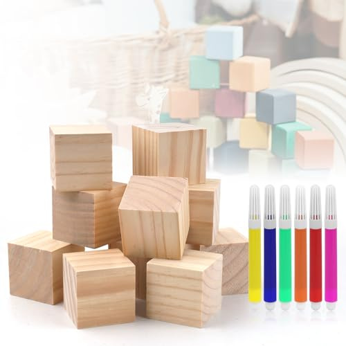 10 Pezzi Cubo Legno Di Pino Naturale Grezzo, 5 x 5 x 5 cm, Blocchi Quadrati per DIY, Arte, Intaglio, Modellatura, Puzzle, 6 Penna ad Acquerello