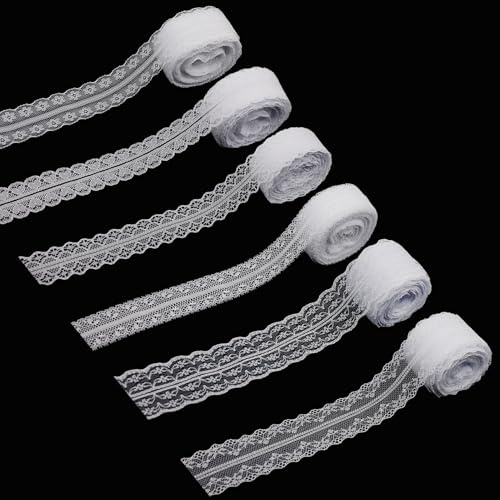 WITGIFT 60m spitzenbordüre 6 Stile spitzenband weiß schleifenband hochzeit, geschenkband spitze band geschenkpapier, weiss spitzenborte zum borten und bänder zum nähen bänder zum basteln