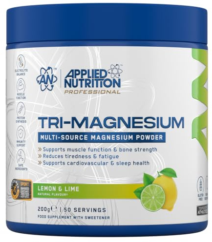 Applied Nutrition Tri-Magnesium Powder 3 en 1, Limón, Lima, 200g | 300mg por dosis, 50 Dosis, salud ósea, muscular y sistema nervioso