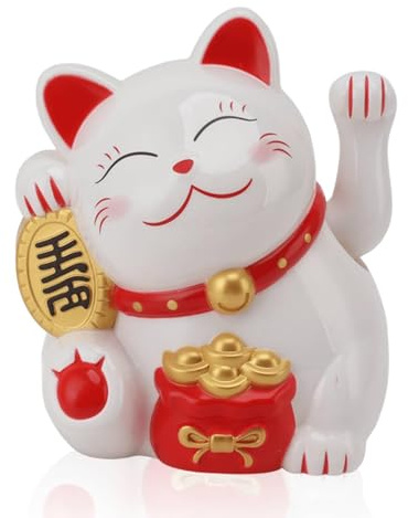Jwthee 5.5in Lucky Cat Waving Arm, Electric Waving Lucky Fortune Cat Lucky Figurines Cat Waving Arm Statue Maneki Neko Lucky Fengshui Cat for Home Display Car Decor