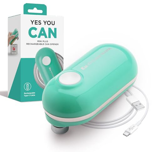 Kitchen Mama Mini Plus Ouvre-boîte électrique rechargeable : Compact, chargement de type C, mains libres, arrêt automatique, bord lisse, sans danger pour les aliments (Turquoise)