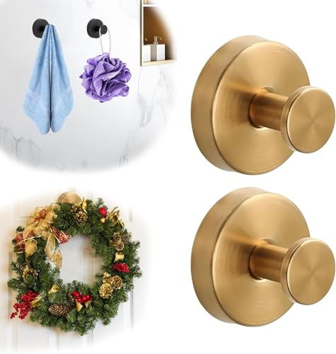 Suction Cup Hooks for Christmas Wreath - No Drill Suction Cup Hooks for Shower Hanging Towels - Stainless Steel Wreath Hanger Holder for Glass Window Door Bathroom Mirrors (Gold, 2 PCS)