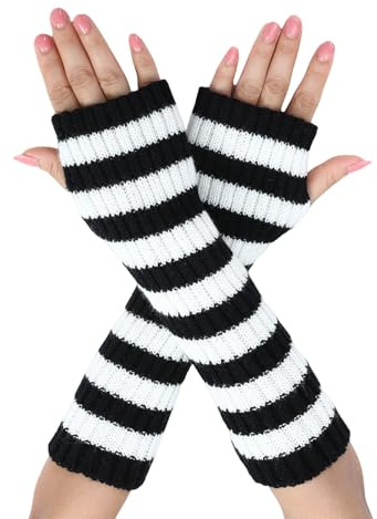 Symphonyw Damen Lange Fingerlose Handschuhe, Gestreift Stricken Armstulpen, Weiche Winter Armwärmer mit Daumenloch