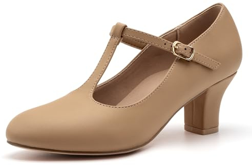 Stelle 2.5 Character Shoes for Women T-Strap Dance Heels for Ballroom Salsa Tango Wedding Flamenco Latin (2.5 Tan,8MW)