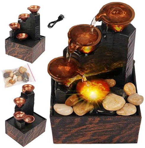Caratteristiche dell'acqua interna con luci, fontana d'acqua da 6,7x4,4x3,6 '' con ciottoli USB o Mini Acqua interna alimentata a batteria con suono per l'acqua per la casa da letto da tavolo ca
