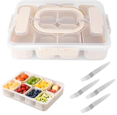 Snackbox mit Fächern, Snackschale mit Deckel Snackteller mit 8 Fächern, Snackbox Organizer für üßIgkeiten Candy Veggie Keks Nüsse Desserts Obs,Snack Container mit 4 Gabeln Geeignet für Picknicks