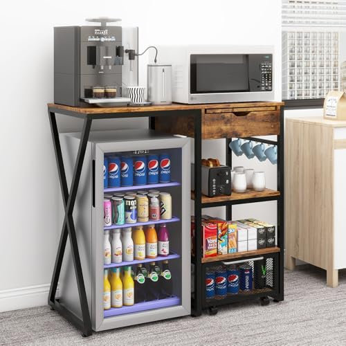 PUNCIA Coffee Bar Cabinet with Mini Fridge Space Beverage Wine Fridge Stand with Temporary Work Platform Refrigerator Storage Organizer Microwave Oven Stand Rack for Home Office Dorm Retro