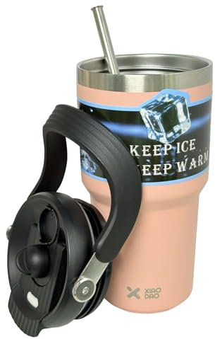 Liemuao Mug Isotherme, Tasses à Café de Voyage avec Paille et Poignée, Gobelet en Acier Inoxydable Tasse Isotherme 100% Anti-fuite Tasse Voiture pour Café Chaud et Froid, Lait et Thé (Rose, 600ml)