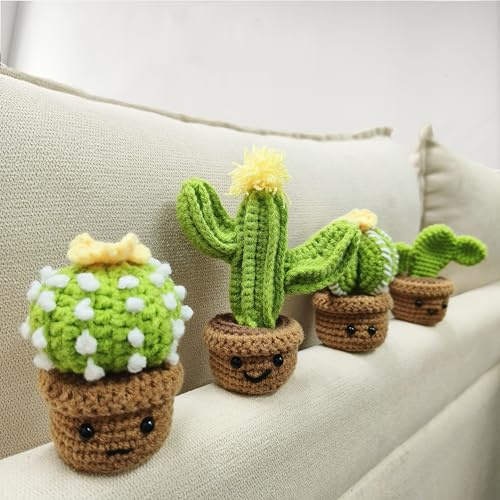 Kitcroet 4-teiliges Kaktus-Häkelset für Anfänger, Schritt-für-Schritt-Häkelanleitung für einfachen Einstieg, DIY-Häkel-Strickmaterial-Set enthält alle benötigten Werkzeuge, bestes Geschenk für Freunde