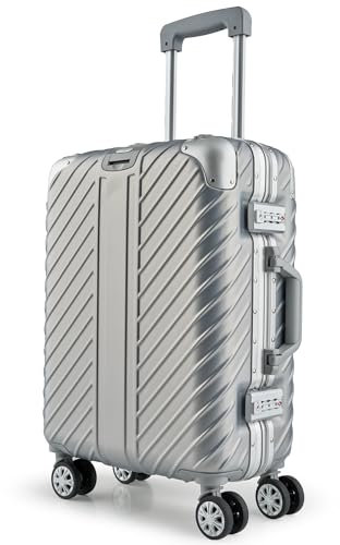 LETTOO 55x40x20 Handgepäckkoffer mit Alu-Rahmen | Reisekoffer mit Rollen - Extrem Stabiler Trolley Koffer mit Laptoptaschen-Befestigung [WASSERGESCHÜTZT] mit Eckenschutz (Silber, Handgepäck 20 Zoll)