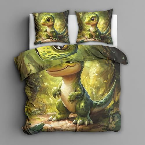 Generisch Dinosaurier Kinder Bettwäsche 135x200 2tlg, 1 Kissenbezüge 80x80 - Cartoon Dino Design Wendebettwäsche, Weiche Mikrofaser Bettbezug mit Reißverschluss, Deko & Geschenke FxH122