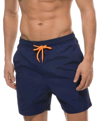 Qrity Bañador Hombre Shorts de Secado Rápido Bañador, Bañadores de Surf, Pantalones Cortos Informales, Shorts de Playa con Forro de Malla & Bolsillos, Azul Marino-L