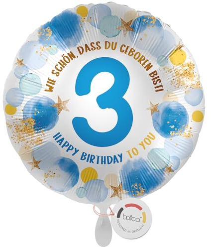 balloa Folienballon 3. Geburtstag Junge, Helium Ballon mit Zahl 3 und Spruch Wie schön, dass du geboren bist, Geburtstagsdeko Kinder, Ballon Geschenk zum Kindergeburtstag Junge, 33cm