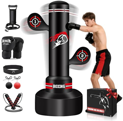 NZQXJXZ Verbesserter Boxsack Stehend für Erwachsene, 180cm Schwerer Boxsack mit Boxhandschuhen, Pumpe, Springseil und Reflexball, aufblasbarer Standboxsack für Männer zum Training von MMA, Fitness