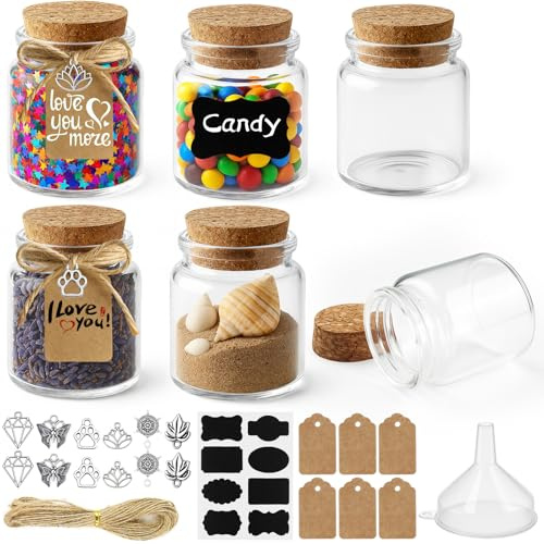 Ferenando 6 Pezzi 50ml Mini Barattoli Vetro con Tappo Sughero & DIY Accessori, Mini Barattolini Vetro Piccoli con Tappo, Vasetti Piccoli per Decorazioni, Feste, Spezie da Cucina, Regalo per Ospiti