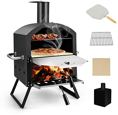 COSTWAY utomhus pizzaugn, 2-lagers pizzaugn med grillgaller, pizzasten, pizzaspade, vattentät skyddsöverdrag, värmebeständiga handtag och vikbara ben, för picknick, camping, fest