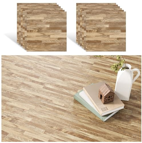VEELIKE Piastrelle Adesive Pavimento Pannelli Legno 12 Pezzi Pavimento PVC Adesivo Effetto Legno Marrone Chiaro Pavimenti PVC Adesivi per Camera da Letto Garage Bagno Impermeabile 1.5mm 30 cm x 30 cm