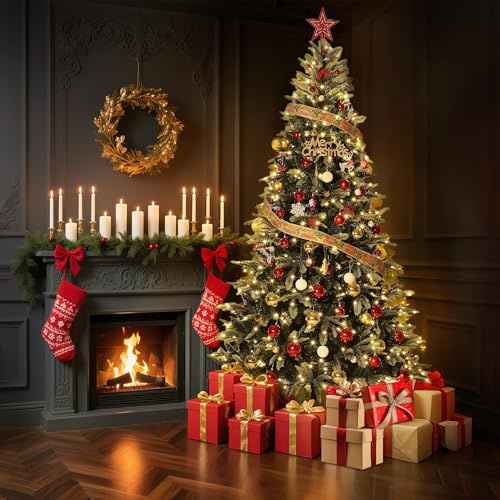 6.5Ft/200Cm Pre-Lit Artificial Christmas Tree, Green Xmas Tree with 300 Warm White LED Lights, Metal Stand & 937 PE/PVC Branch Tips for Home Holiday Party Decorations
