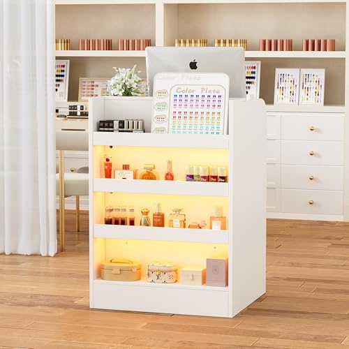 Mostrador de Recepción con Iluminación LED y Estante Expositor, Mesa de Mostrador con Cerradura y 4 Estantes, Pequeño Mostrador de Recepción para Oficina, Tienda, Salón, 95 x 60 x 60 cm, Blanco