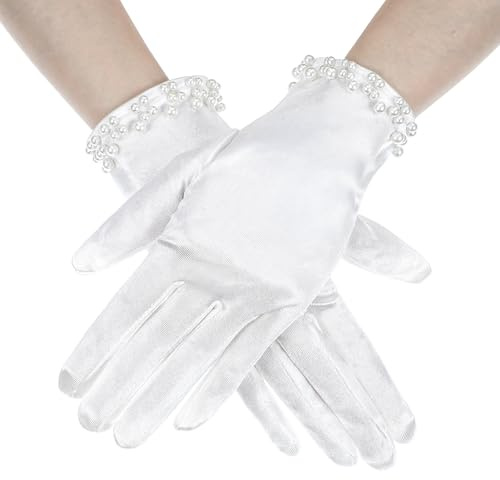 Larrel Short White Satin Gloves, Pearl Wedding Gloves for Women, Tea Party Glove, 1920s Bridal Elegant Short Wrist Glove for Wedding, Opera, Dinner, Party, Prom and Banquet