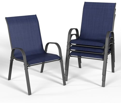 UDPATIO 4er Set Gartenstühle Stapelbare, Stapelstühle aus Textilene，55cm Breiter Hochlehner Gartenstuhl, Atmungsaktive Terrassenstühle für Balkon, Terrasse, Garten, Blau