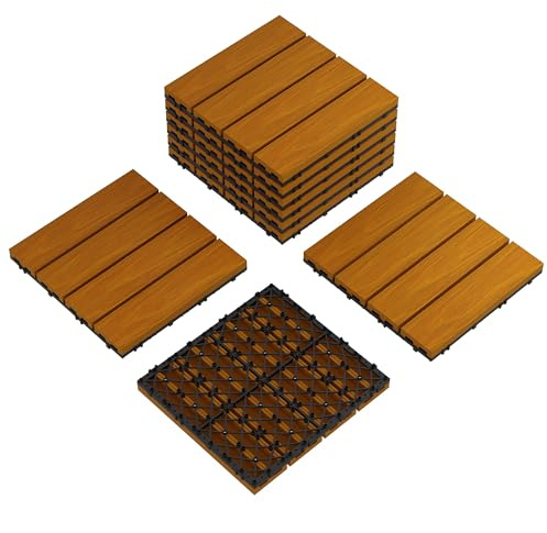 GarveeHome Wetterfest & Wasserdicht – Verbund-Terrassenfliesen 30x30cm im Holzoptik-Design – Rutschfest, langlebig, einfache Klickmontage für Balkon, Garten, Pool & Außenbereich – Kunststoff, Teak –