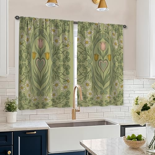 Tende da cucina con tulipani, fiori primaverili crisantemo cuore primavera verde tende da cucina per finestre per tende da finestra sopra il lavandino 66 x 114 cm
