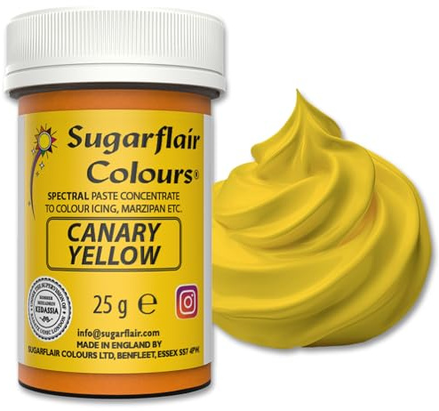 Sugarflair Lebensmittelfarbpaste Canary Yellow, Konzentrierte Spectral Lebensmittelfarbe für Buttercreme, Zuckerpaste, Zuckerguss, Kuchenmischungen, Macarons und mehr! - 25g | Hochkonzentrierte Farbpaste für Fondant, Marzipan und Modellierpaste, Farbintensität Aufbaubar