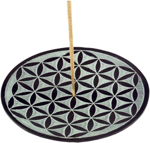 Indischer Räucherstäbchenhalter aus Speckstein, Ø 10 cm, Blume des Lebens 1 | Vielseitig einsetzbar, dekorativ für Räucherstäbchen oder Kerzen, kunstvolle Gravur, funktional und stilvoll.