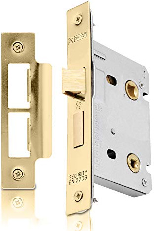 XFORT® Polished Brass Bathroom Lock 75mm for Internal Wooden Doors, Mortice Door Lock for Bathroom, Door Latch Mechanism and Thumbturn Locking Door Security, CE Approved and Fire Rated Protection