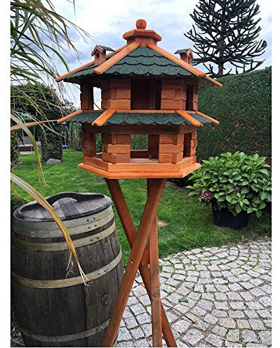 Vogelvilla wetterfest von L bis XL Futterhaus Vogelhaus mit oder ohne Ständer in Braun mit Rot, Grün oder Blau für Garten und Balkon (Größe XL mit Ständer, Grün - Braun)