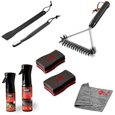 Weber 17895 Reinigungsset Q & Pulse, 6-TLG., bestehend aus Mikrofasertuch, Grillbürste, Reiniger, Schaber, Schwamm und Anti-Haft Spray
