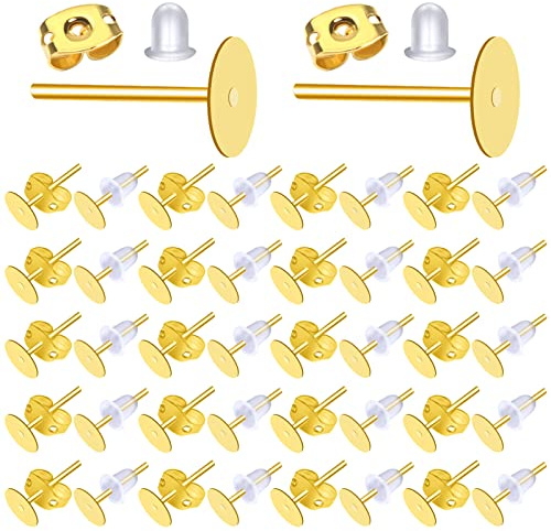 TOAOB 800 Piezas Pernos de Pendientes de Almohadilla Plana Tono Dorado Metal 12 x 6 mm y Tuercas Pendientes Seguridad Cierres Tapón Posterior Tapón de Pendiente de Goma para Hacer Bisutería Joyería
