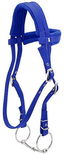 Briglia per cavalli, con redine, regolabile, colore rosso, con testa e cuscino morbido (S, blu)