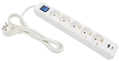 ARLI - Ciabatta elettrica a 5 prese con presa di ricarica USB, interruttore multipresa, protezione da sovratensione, spina angolare piatta, contatti di protezione, 5 prese, colore: Bianco