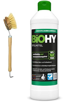 BiOHY Spülmittel (500 ml) + Spülbürste| Bio Geschirrspülmittel ohne schädliche Chemikalien | Flüssiger Fettlöser für frischen Glanz | ideal für Spülmittelspender | hautfreundlich & duftend