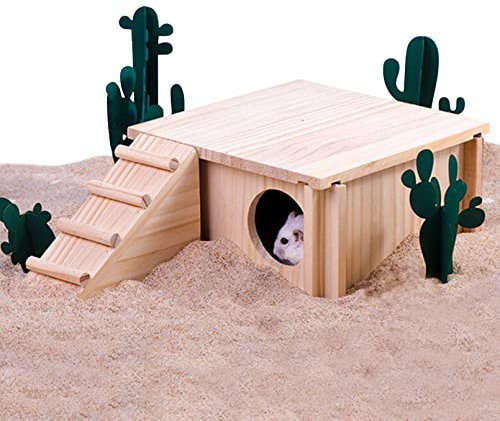 Fhiny Wooden Hamster Hideout for Small Animal, Gerbils Chamber Hut with Ladder Habitats Decor, Maze Climbing Toys for Dwarf Syrian Hamsters Mice and Other Small Pets