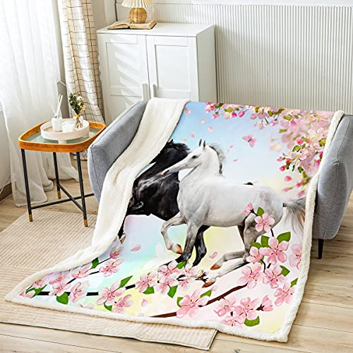 Loussiesd Pferd Wohndecke für Kinder Mädchen Rosa Kirschblüten Pferde Kuscheldecke Schwarz Weiß Bauernhaus Decke 100x130cm Blumen Wildtier Schlafzimmer Dekor Flanell Fleecedecke