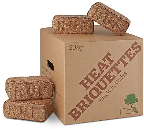 2 x 20KG Packs Heat Log Briquettes (48 ECO Briquettes) – Wood burners, Stoves, Chiminea Eco Friendly Compressed Wood Fire Bricks/RUF Blocks Made in Wales. Up to 3 Hr burn time