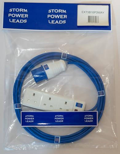 STORM POWER LEADS CAMPING EXTENSION LEAD 1 WAY-4 WAY HOOK UP SOCKETS CARAVAN 16A 5MT-25MT 240V (3 WAY, 5M)
