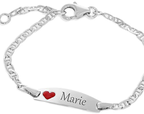 ID Kinderarmband mit Gravur Taufe 925 Silber Armband Taufarmband Name mit Herz rot