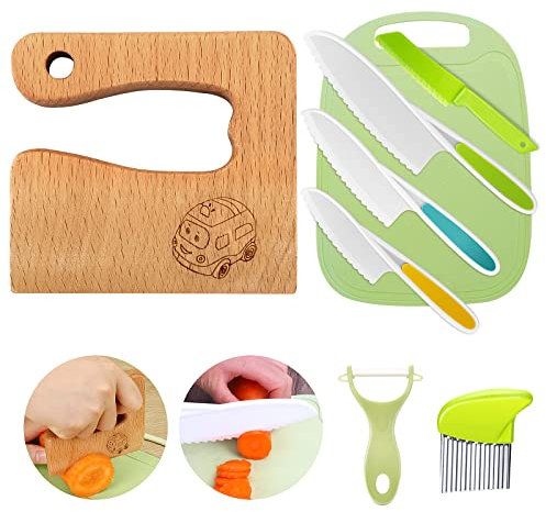 Goodchef Kindermesser – 8 teiliges sicheres Holzmesser Set, Kinder Messer Set & Montessori Messer, Montessori Schneidewerkzeug, BPA-frei, Geschenkidee, geeignet für Kinder ab 2 Jahren（Auto）