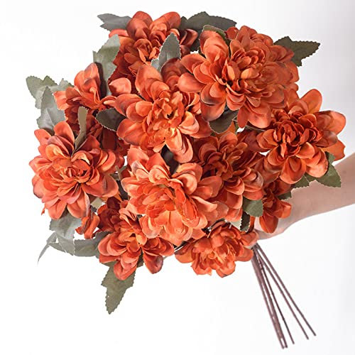 Liuyoyo Lot de 10 fleurs de dahlia artificielles avec tiges, 3 têtes de dahlia, 60 cm, fleurs en soie, bouquets de mariage, centres de table, orange