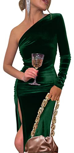 YMDUCH Women's Sexy Elegant One Shoulder Long Sleeve Velvet Ruched Slit Party Long Dress DarkGreen